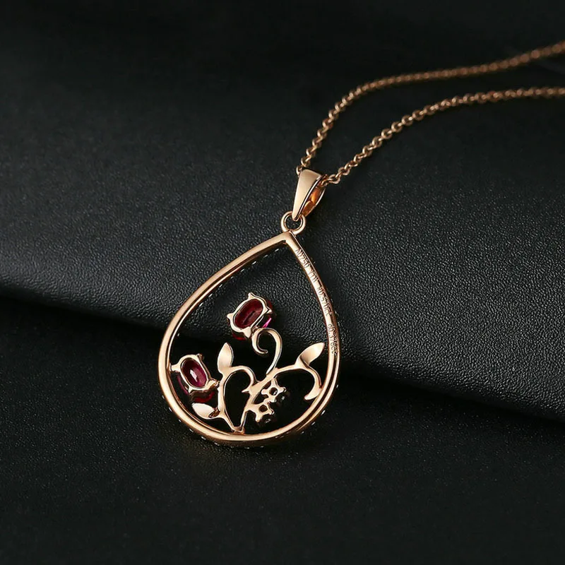 Foydjew Vintage Hollowed Water Drop Simulated Ruby Pendant Necklaces Rose Golden Necklace For Women Exquisite Wedding Jewelry