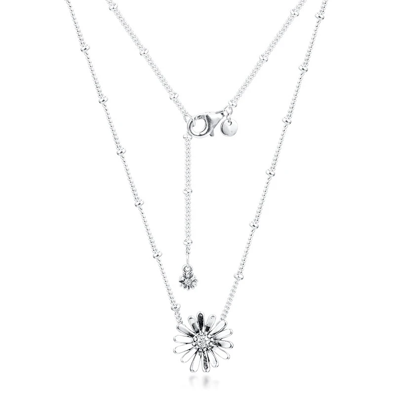 Pave Daisy Flower Collier Pendant Necklaces for Women 925 Sterling Silver Necklaces Jewelry Long Chain Crystal Girl Necklace