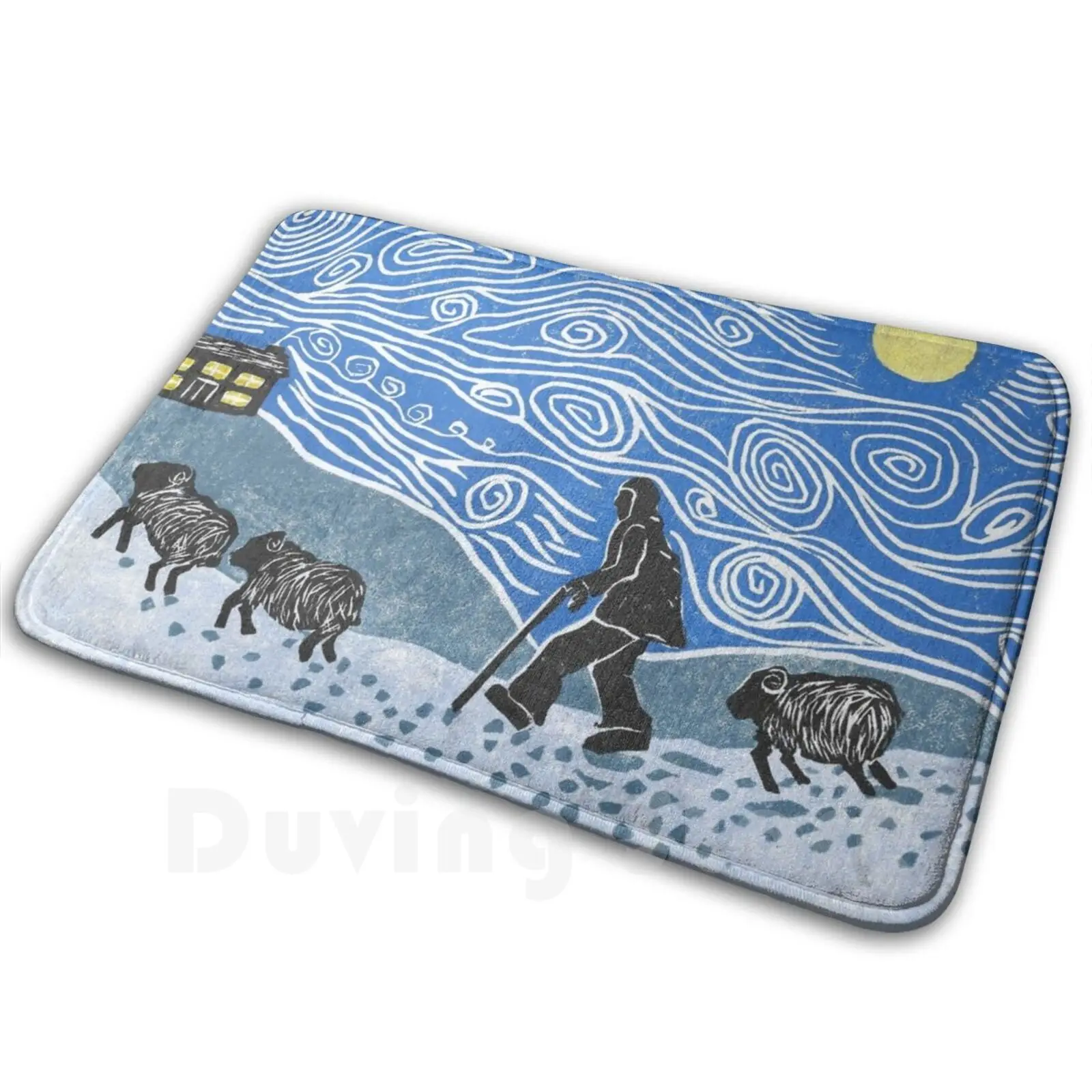 Headed Home Shepherd Leading Sheep Home Carpet Mat Rug Cushion Soft Non-Slip Farming Sheep Shepherd Moon Winter Home Snow