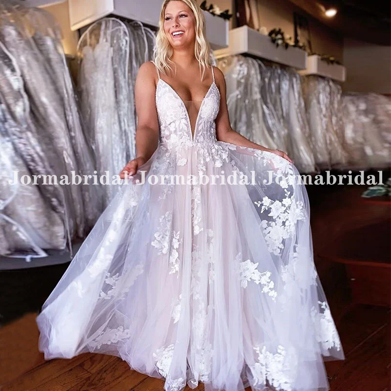 Kant Applicaties Boho Trouwjurken Sexy Illusion Lijfje V-hals Tulle Bruidsjurken A-lijn Prinses Bruid Jurk Abito Da Sposa