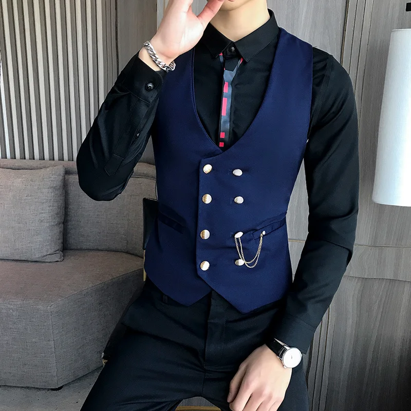 Mens Vest Double-breasted Waistcoat Male Prom Party Disco Waiter Clothes Casual Slim Fit Dress Vest For Men Tuxedo Gilet Homme