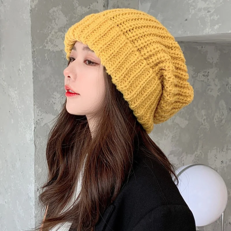 Korean Windproof Hat Winter Solid Color Thick Woolen Hats For Women Ski Slouchy Cap Skull Winter Wool Warm Caps Warm Beanies