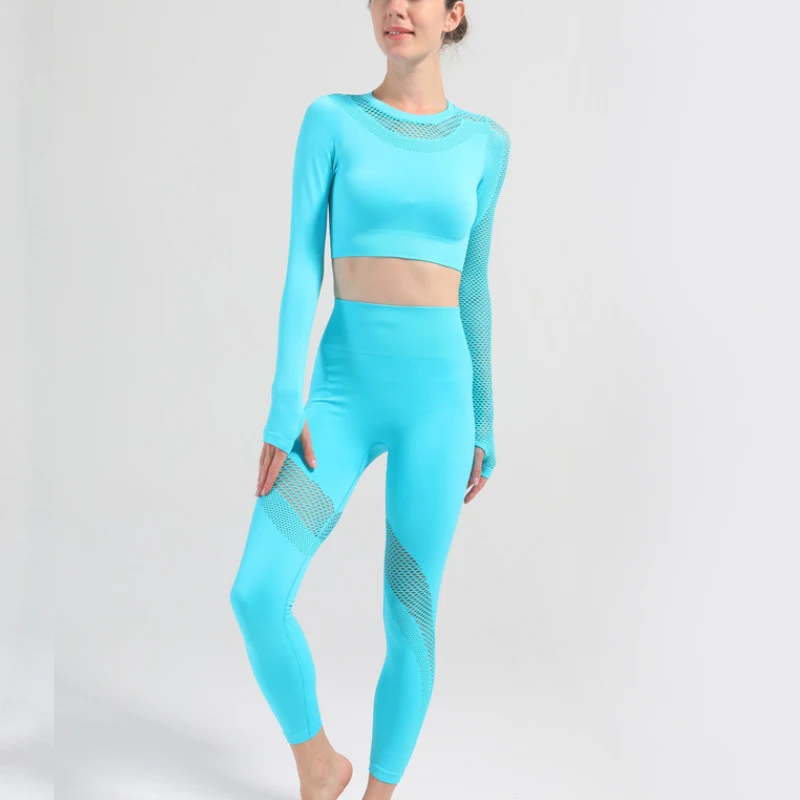 Hollow Out Seamless Yoga Set 2pcs Sport Outfits Women Active wear Long sleeve Crop Tops Leggings Workout Gym Fitness Sport Suit