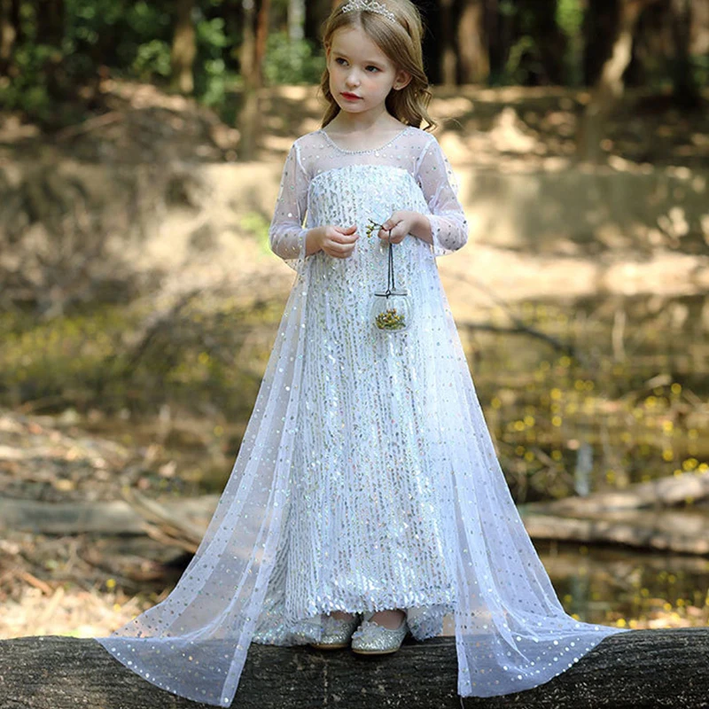 New Elsa Dress for Girls Kids Snow Queen 2 Elza White Carnival Princess Costume Wig Children's Birthday Party Clothes Accessory