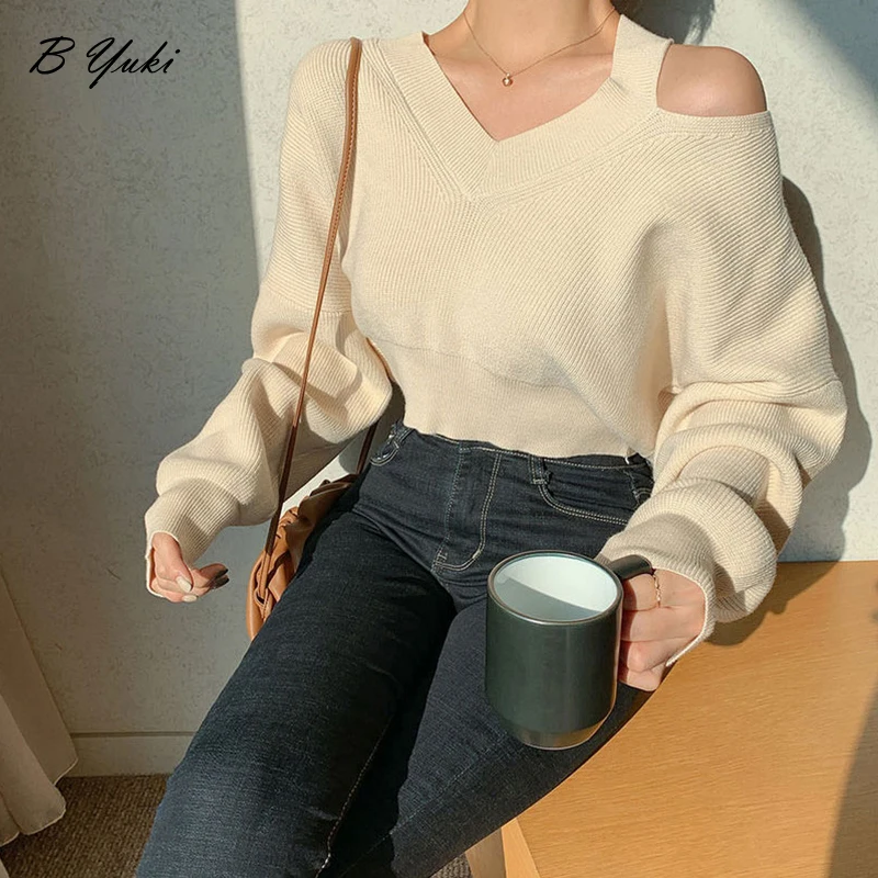 

Blessyuki 2023 Autumn Winter New Knitted Hollow Out Short Pullover Sweater Women Casual Loose V-neck Sweater Female Solid Jumper