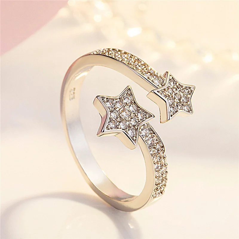 Trendy 925 Sterling Silver Ring For Women Jewelry Bright Crystal Double Stars Finger Accessories For Girlfriend Proposal Ring