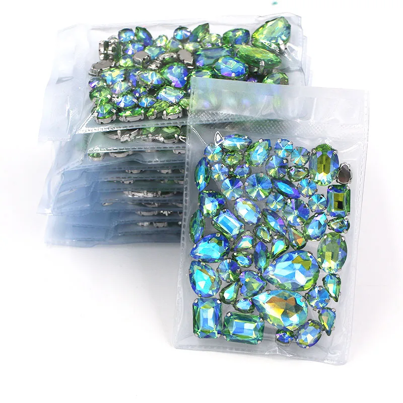 Hot sale Wholesale 5 bags mixed shape Green AB rhinestones glass crystal silver base sew on rhinestones diy clothing