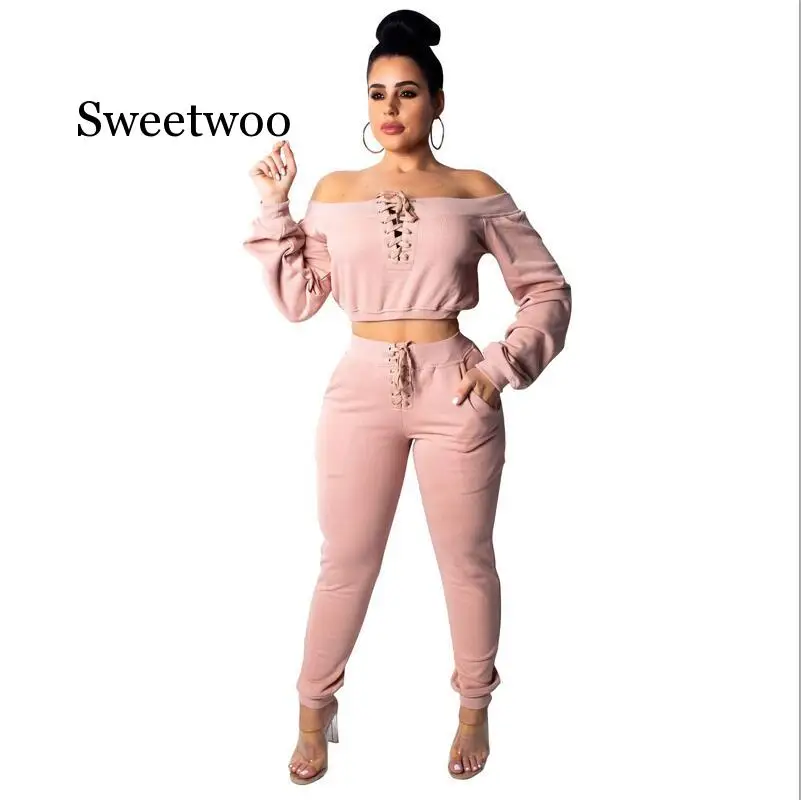 

Lace Up Bandage Off Shoulder Long Sleeve Top and Pant Suit Sexy Club Outfits 2 Pieces Matching Sets Tracksuit Spring Wear