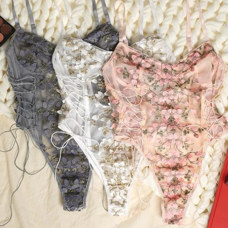 Women Teddy Lingerie Sexy Underwear Erotic Corset Lace Mesh Sleepwear Nightwear  Embroidered Strap One-Piece Pajamas