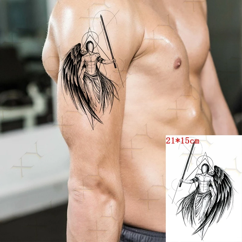 Waterproof Temporary Tattoo Sticker Angel Warrior Wing Sword Feather Fake Tatto Flash Tatoo Back Leg Big Size Art for Women Men