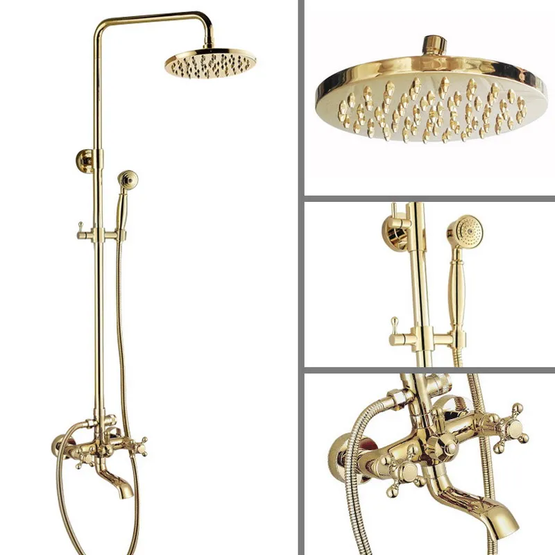 Gold Color Brass Two Cross Handles Wall Mounted Bathroom Rain Shower Head Bath Tub Faucet Set Telephone Shape Hand Spray mgf382