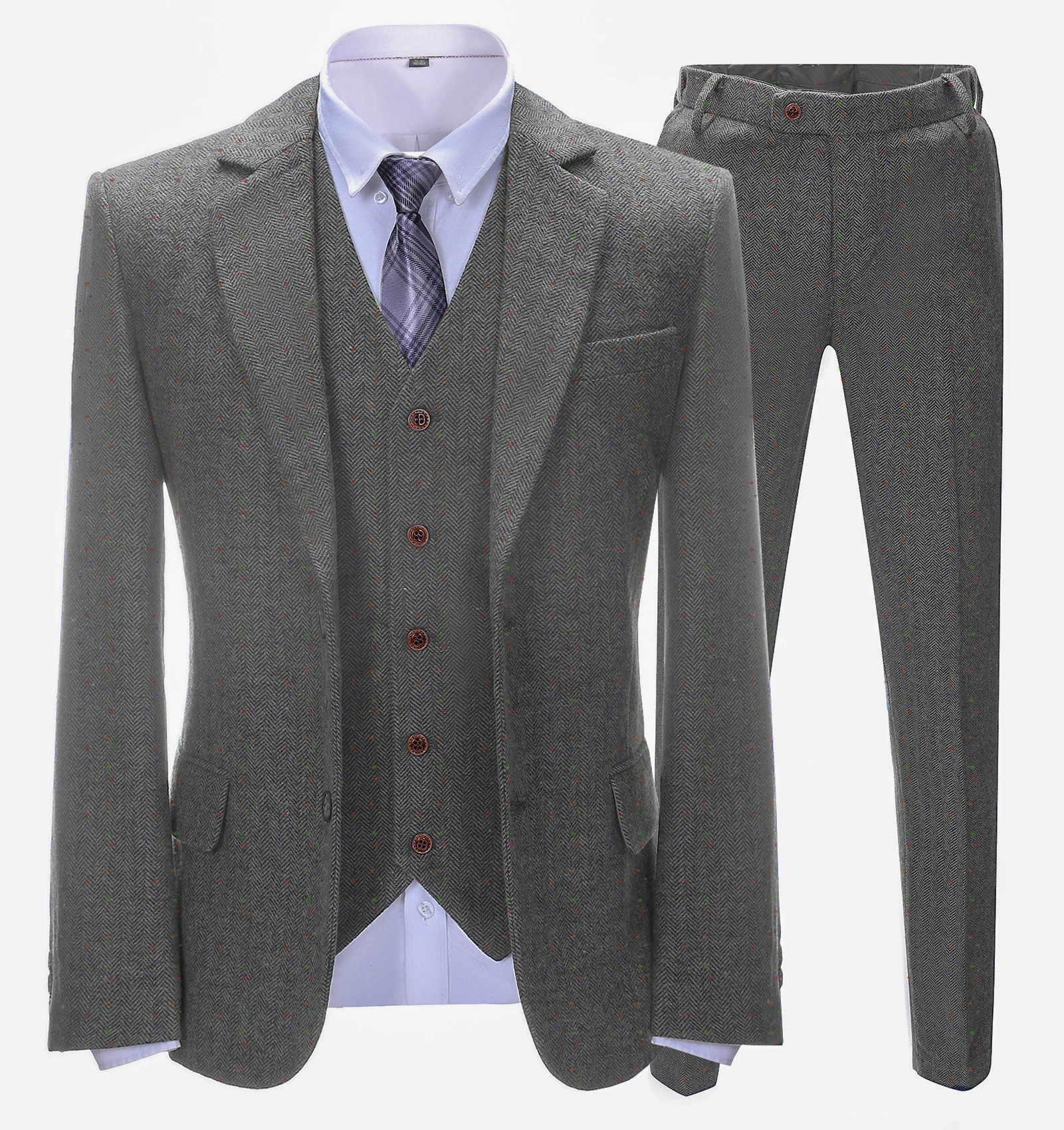 

SOLOVEDRESS Men's Suit Formal Herringbone 3-piece Grey Set Business Meeting Office Customization (blazer + vest + pants)