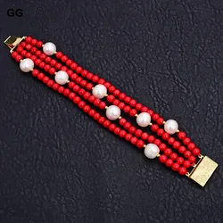 GuaiGuai Jewelry 8'' 4 Rows 10mm White Round Pearl 6mm Round Red Coral Bracelet For Women Fashion Jewelry