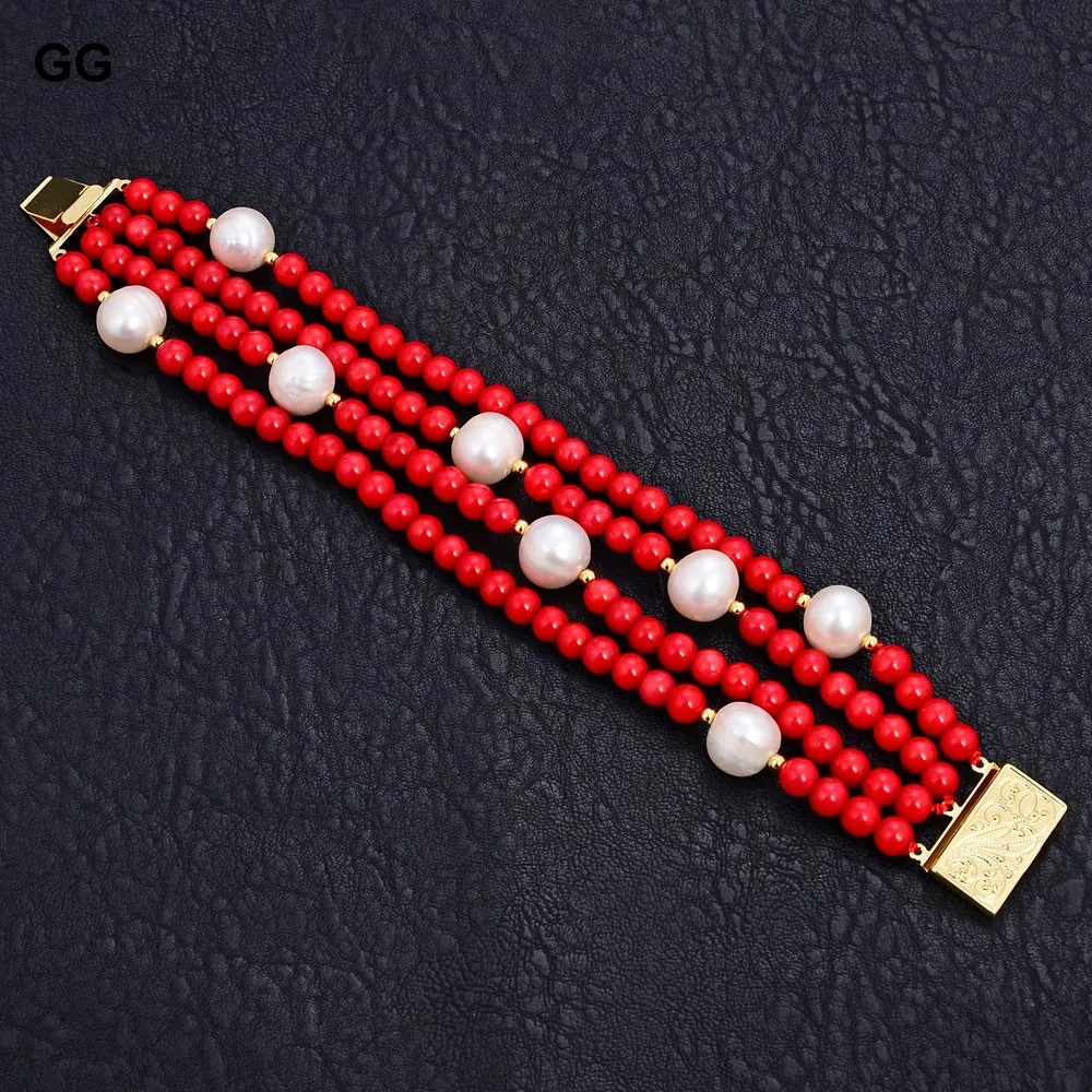 GuaiGuai Jewelry 8'' 4 Rows 10mm White Round Pearl 6mm Round Red Coral Bracelet For Women Fashion Jewelry