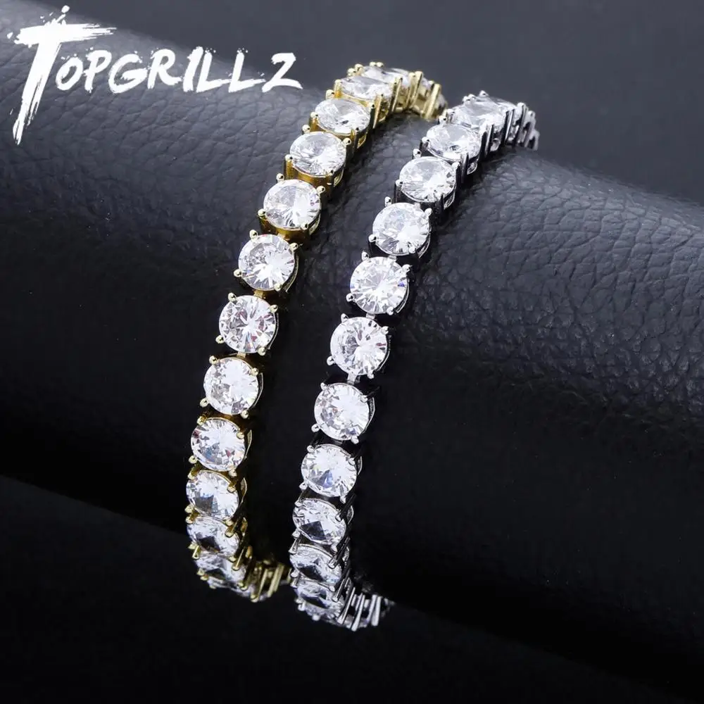 TOPGRILLZ 3MM-6MM Spring Buckle Tennis Chain Iced Out Cubic Zirconia 1 Row Tennis Chain Bracelet Men And Women Hip Hop Jewelry