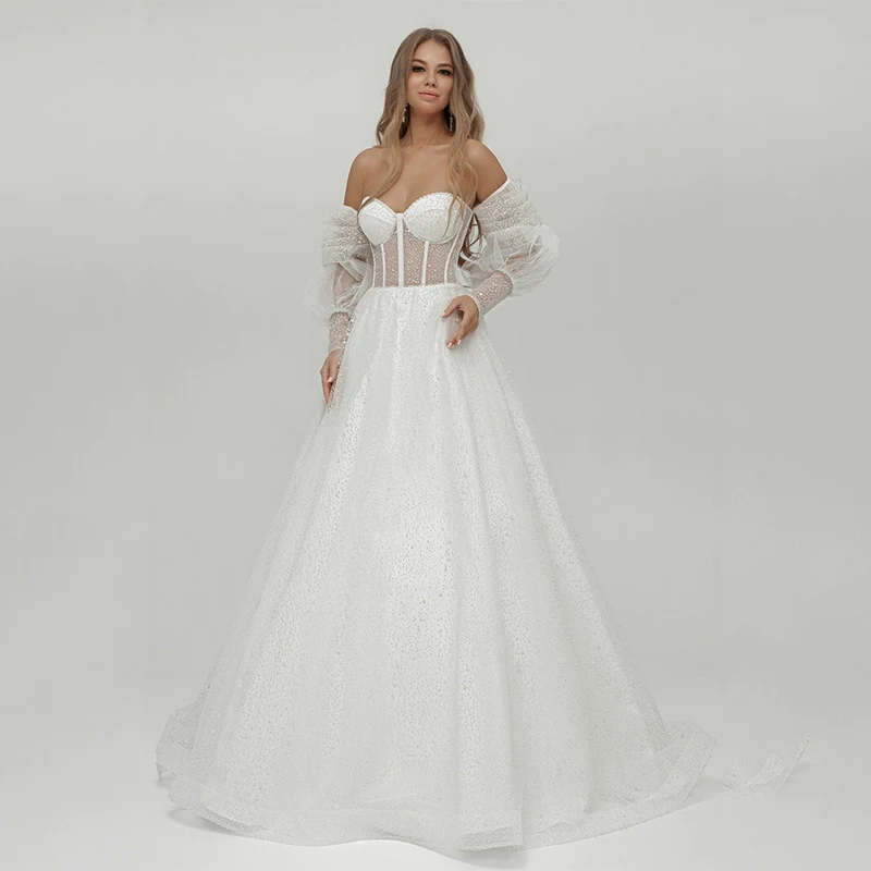 

Sweetheart Beads See Through Detachment Puffy Sleeve Tulle Wedding Dress 2022 Vestido De Noiva Bridal Gown