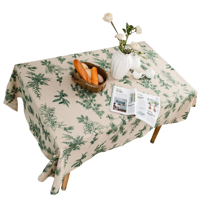 Warm Color American Pastoral Country Green Leaf Tablecloth, Pine Tree Cotton Linen Printing Flower And Bird Coffee Table Cloth