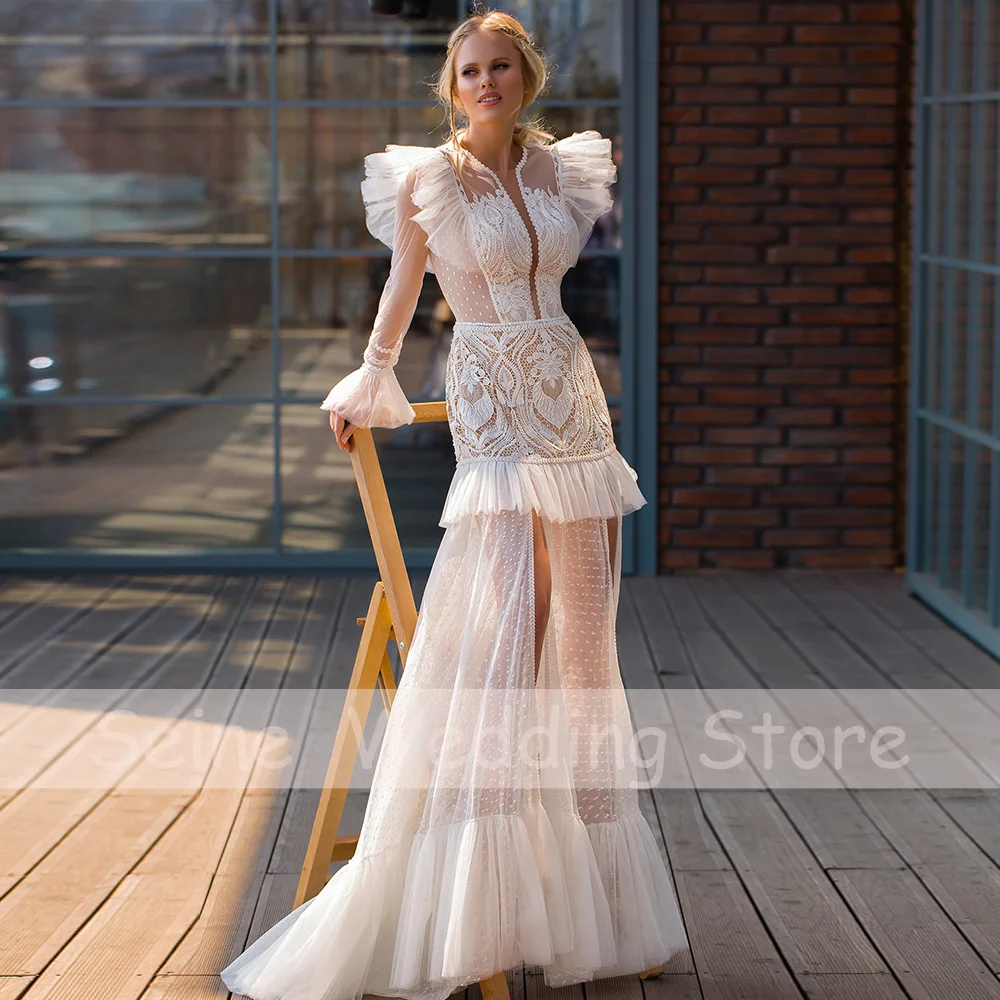 Simple V-Neck Wedding Dresses Long 2021 Women   Lace Illusion  Gowns A-Line Backless Bride Dress robe de mariée