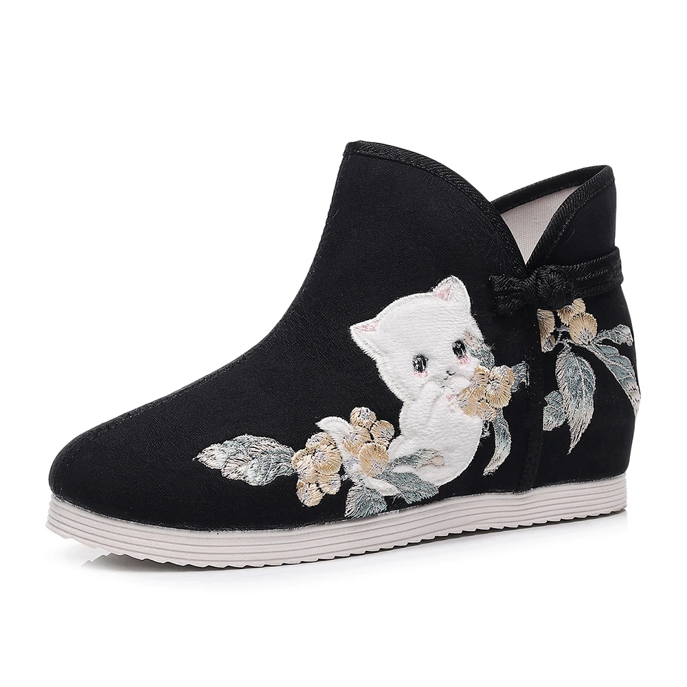 Veowalk Animal Embroidered Autumn Women Cotton Short Ankle Boots Comfortable Ladies Flat Booties Shoes Black Grey White Pink