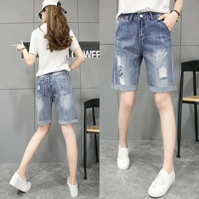 Summer New Denim Shorts Female Students Korean Hole Loose Denim Five-Point Pants High Waist Straight Leg Jeans Pants Fashion