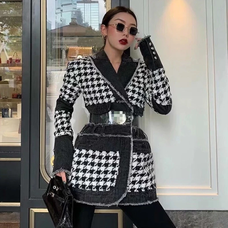 

New Women Full Sleeve Plaid Cowboy Split Joint Fashion Trend Jacket