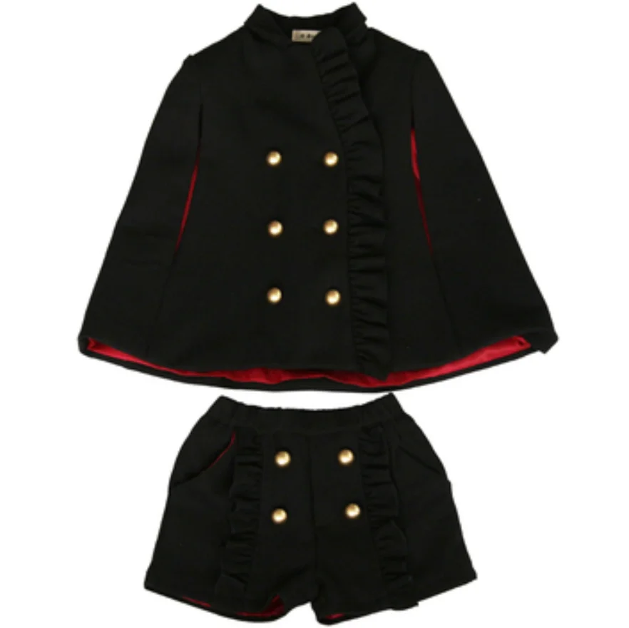 Spring Autumn girls 2 pcs set baby cape + shorts kids brand suit children fashion sleeveless double breasted