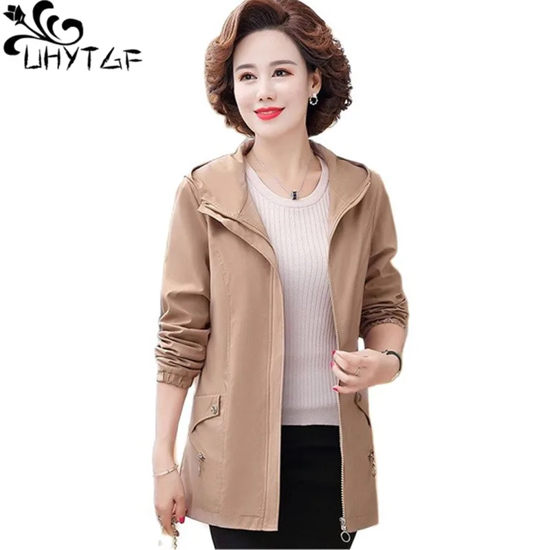 

UHYTGF Mother 5XL Big Size Clothes Windbreaker Womens Tops Outerwear 2021 Hooded Casual Spring Autumn Trench Coat Female 2185