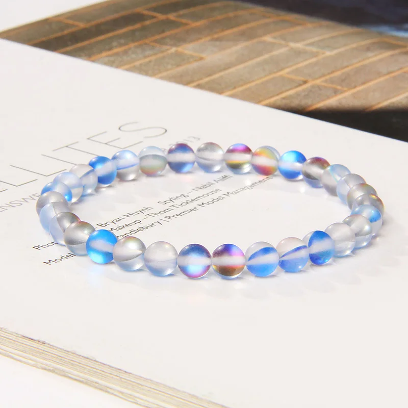 Fashion Women Bracelet High Luster Matte Moonstone Bracelets 8 mm Rainbow Glass Beads Bangle Men Handmade Stretch Jewelry Party