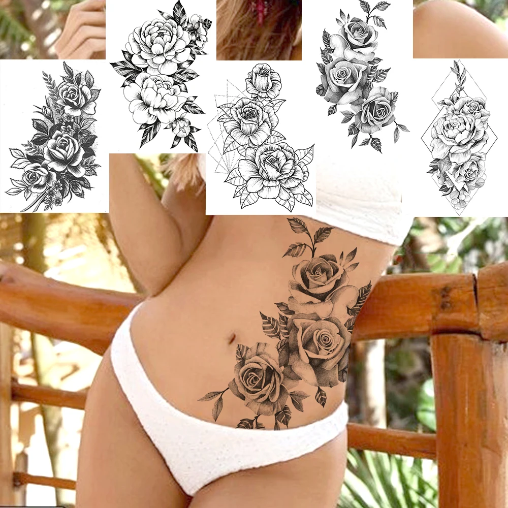 Pencil Sketch Flower Temporary Tattoos Sticker Women's Fashion Body Art Arm Wasit Tatoos Fake Black Rose Waterproof Tattoo Decal