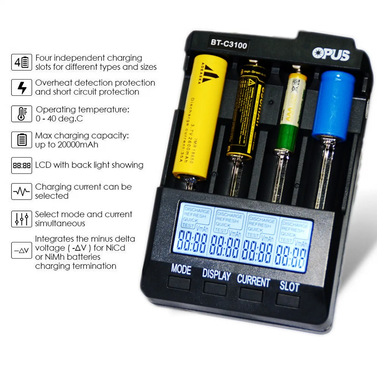 OPUS BT-C3100 Digital Intelligent 4 Slots LCD Battery Charger For Li-ion NiCd NiMH AA AAA 10440 18650 Rechargeable Batteries