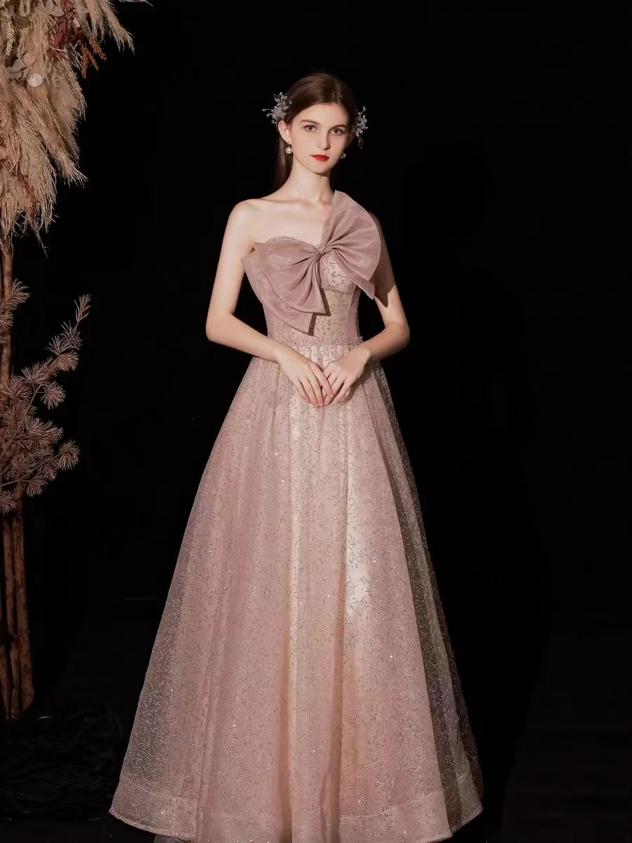 

Formal Dusty Pink Prom Dresses Strapless Long Lace Up Shiny Beading Sequined Bow Formal Celebrity Evening Gowns 2024 New