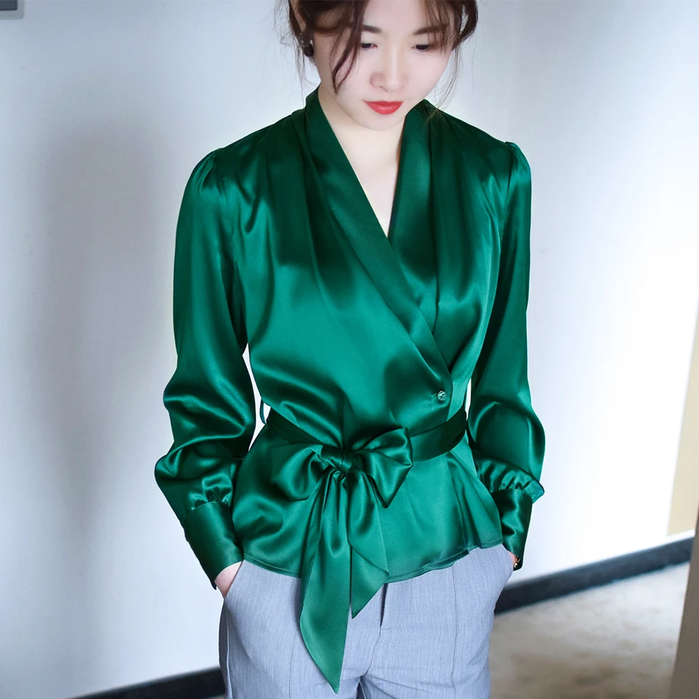 New Spring Summer Blouse Women Long Sleeve Shirts Fashion Silk Shirt With Bow Belt V Neck Office Ladies Work Wear Tops LX2613