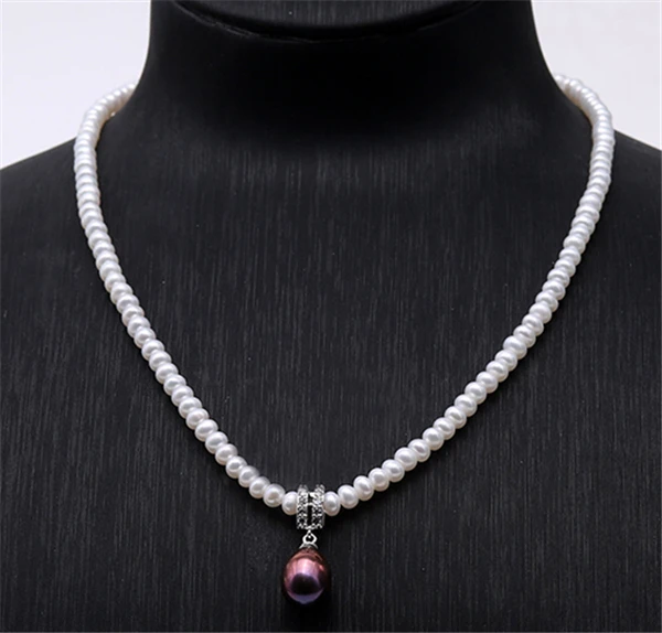 HABITOO Beauty 4-5mm Natural White Freshwater Pearl Purple Baroque Cultured Pearl Micro Inlaid Zircon Pendant Choker Necklace