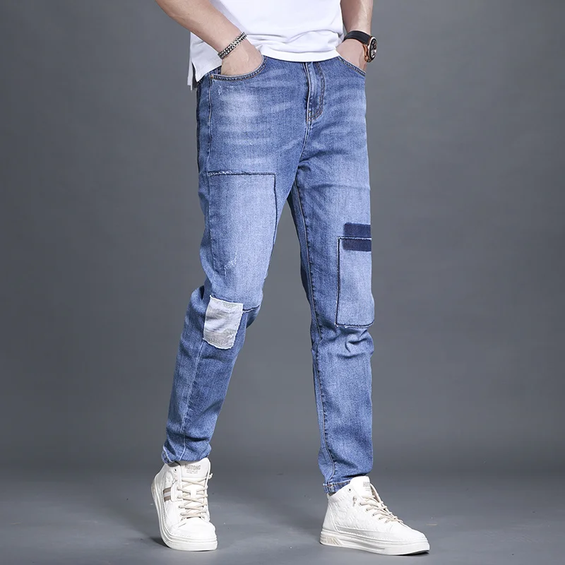 Summer New Men Loose Jeans Biker Blue Spliced Straight Denim Trousers Casual Preppy Style Zipper Thin Pants Male Pockets 28-36