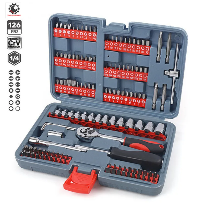 126Pcs 1/4 Ratchet Socket Wrench Set Hand Repair Tools Set DIY Tool Kit for Household Auto Car Bike Bicycle with Case Tool Box