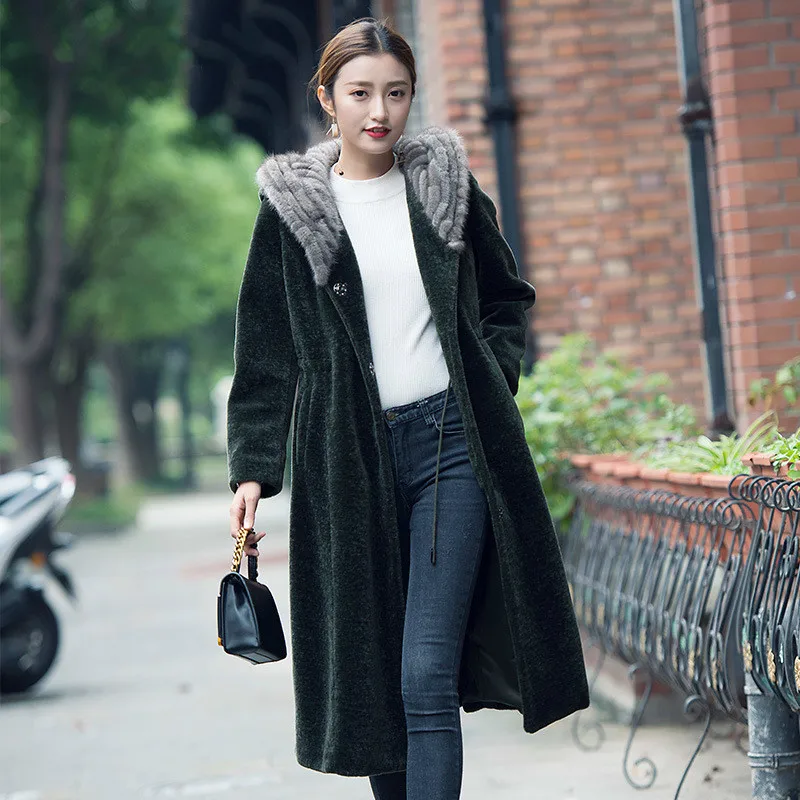 Long Real Fur Coat Women Winter Jacket Mink Fur Collar Hooded Korean Green Coats and Jackets Women Manteau Femme F18185 KJ5181