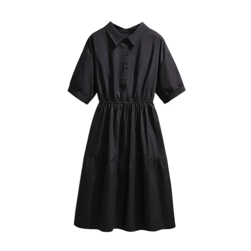 New 2021 Ladies Summer Plus Size Shirt Dress For Women Large Short Sleeve Slim Black Retro Button Midi Dress 3XL 4XL 5XL 6XL 7XL