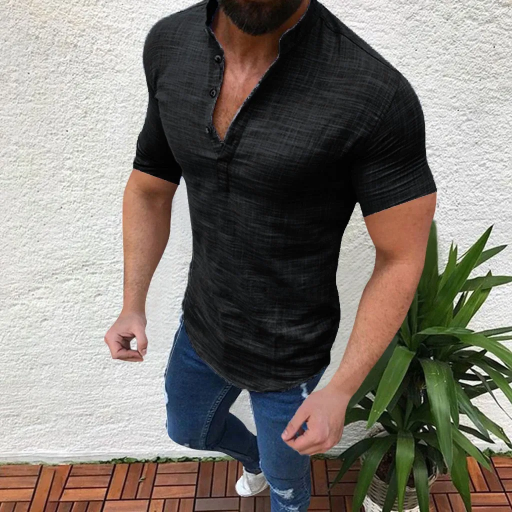 Men Linen Shirts Summer Short Sleeve Breathable Men\'S Baggy Casual Shirts Slim Fit Solid Cotton Shirts Mens Pullover Tops Blouse