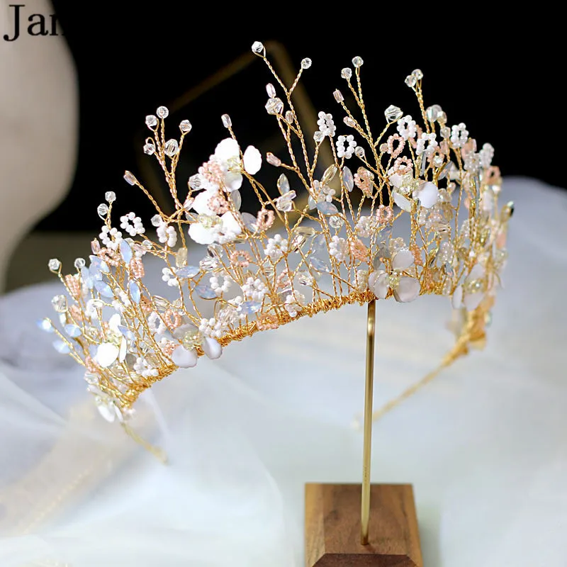 JaneVini Luxury Gold Bridal Hair Accessories Bridal Tiara Wedding Crown Earrings Set Baroque Women Beaded Rhinestone Headband