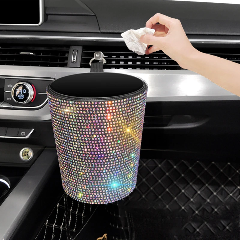 Car Crystal Glitter Trash Can Small Dustbin for Car Air Outlet Vehicle Rubbish Storage Paper Car Interior Accessories for Girl