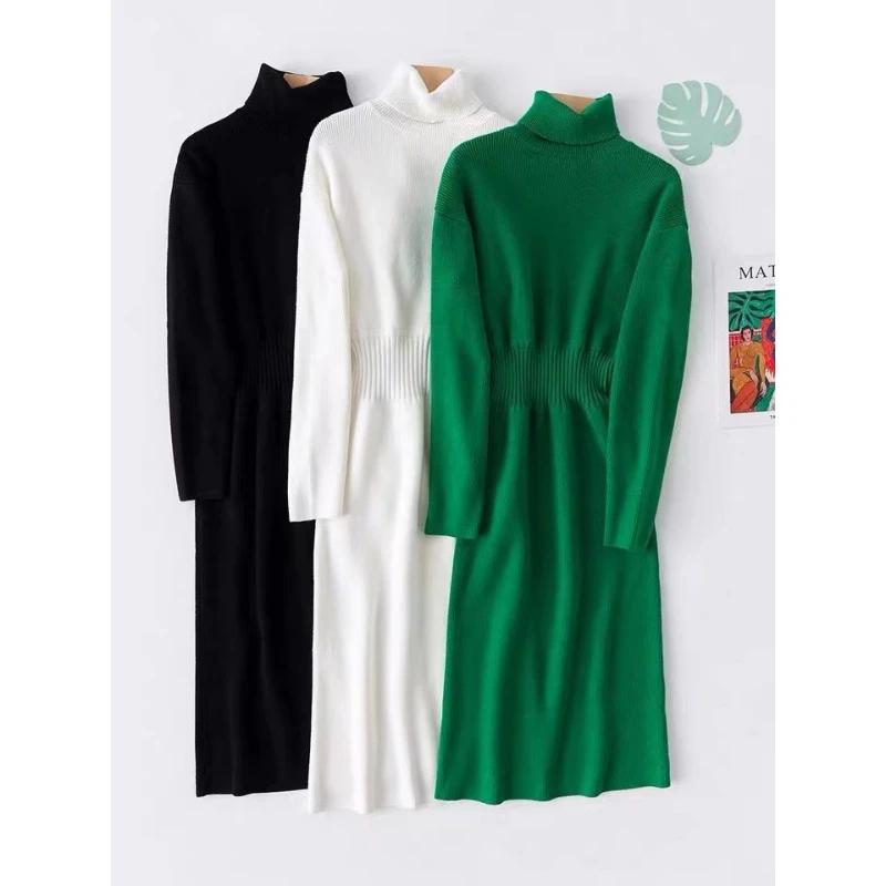 

2021 New Spring and Autumn Elegant High Neck Long Sweater Dress Women Retro Waist Women Knitted Long Sleeve Dress HG67125