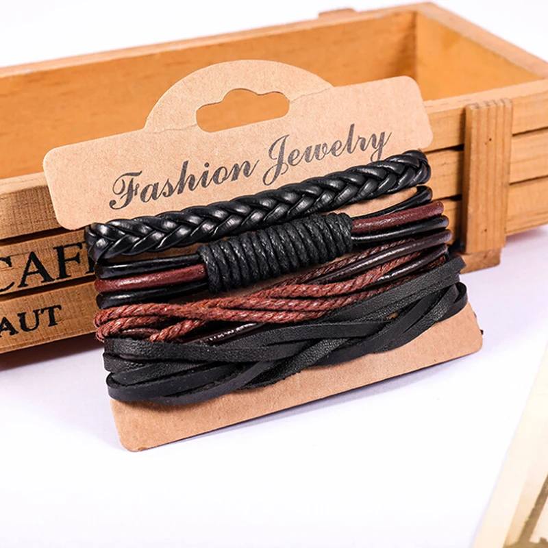 4Pcs/Set Multilevel Braided Wrap Bracelets For Man Fashion Casual Handmade Woven Male Wristbands Jewelry Gifts