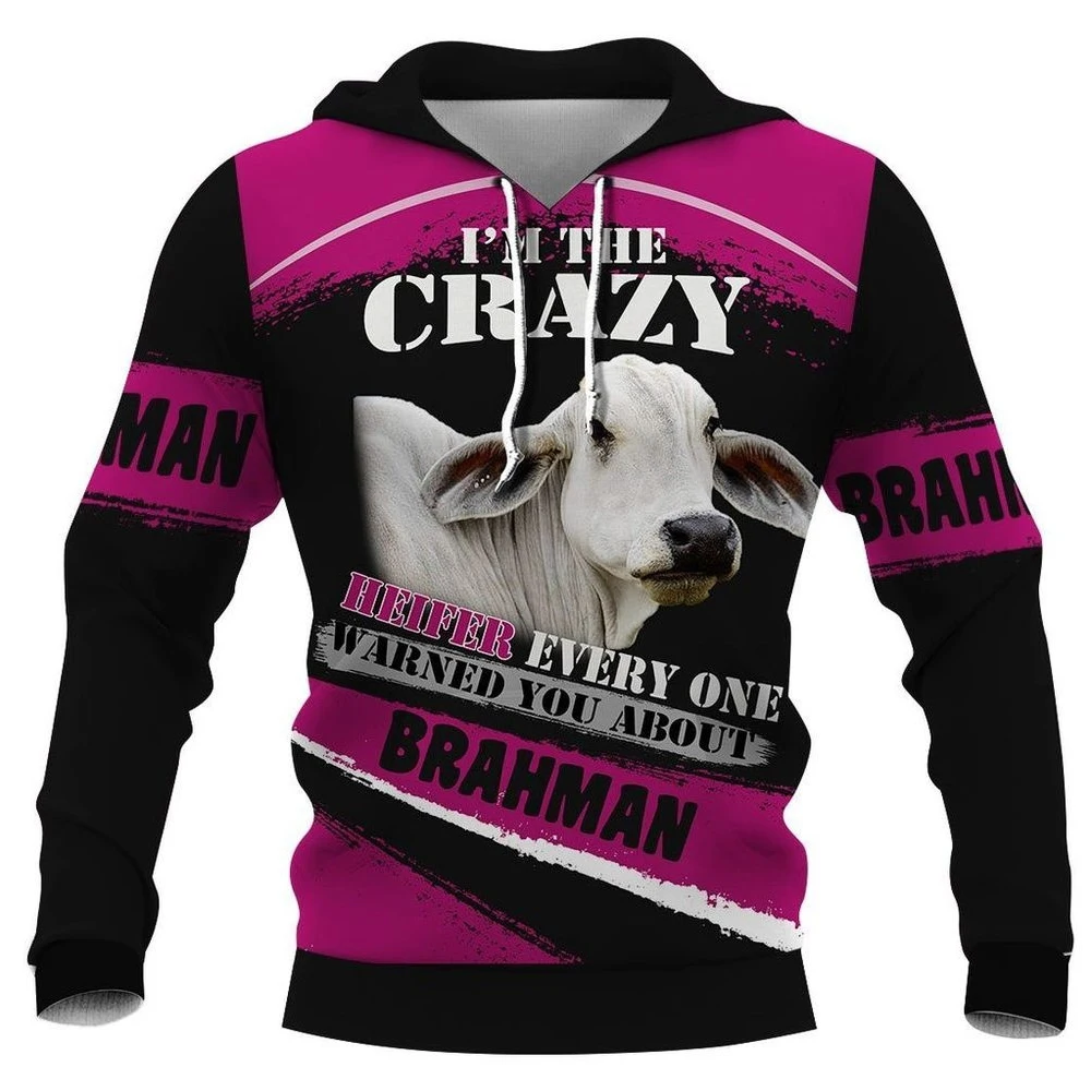 

HX Brahman Hoodie 3D Graphics I'm The Crazy Heifer Everyone Warned You About Brahman Pullovers Casual Splicing Men Clothing