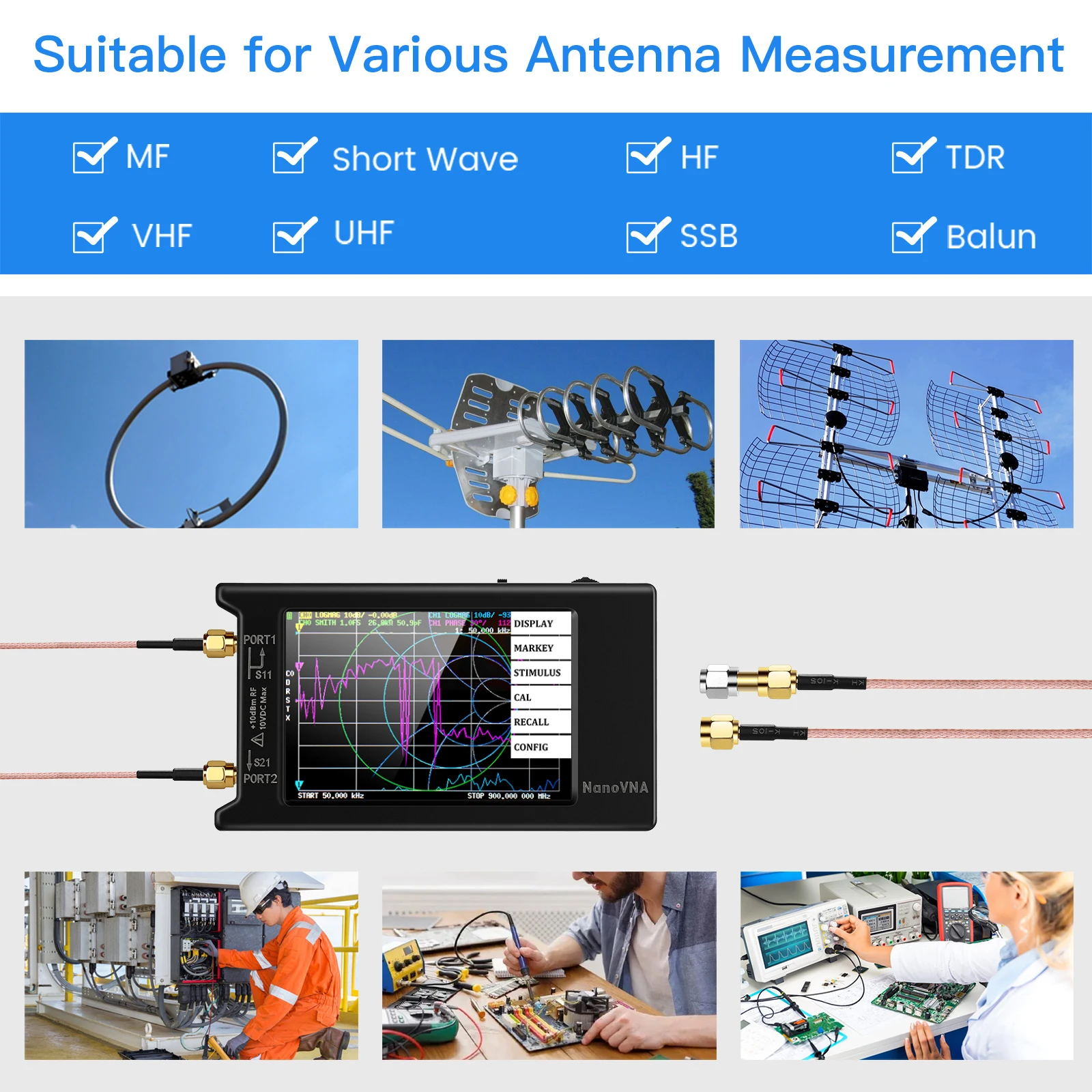 Analisador de rede vetorial com slot para cartão SD, Hugen, 10K-1.5GHz, 4 