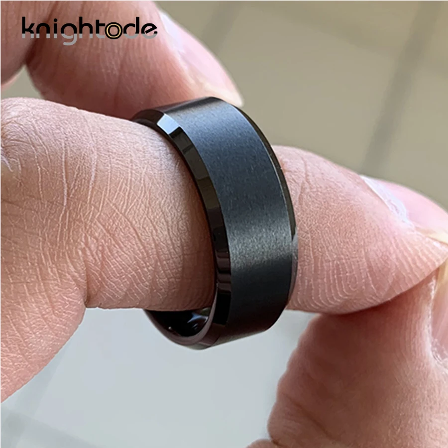 8mm Tungsten Black Ring Engagement Wedding Bands Men Jewelry Matted Beveled Edges Comfort Fit