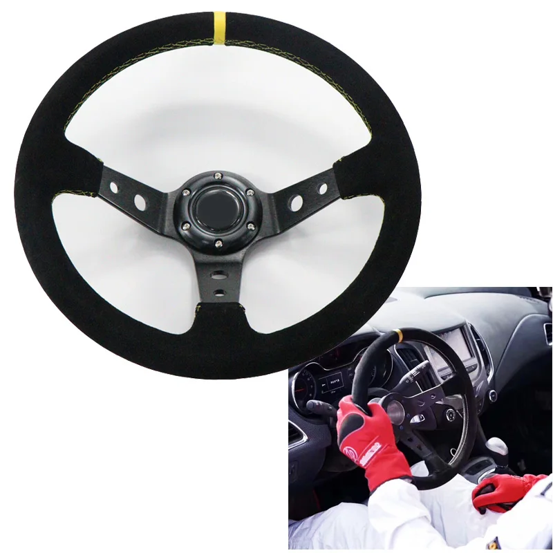 14-inch 350mm Universal Motorsport Deep Corn Drift Suede Leather Anti-slip Sports Quick-Disconnect Steering Wheel