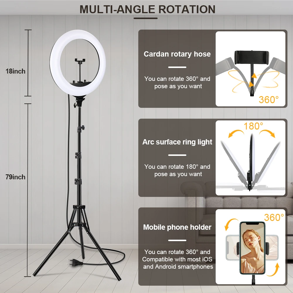 18 Polegada bi-color anel luz led 3000-6500k selfie lâmpada de preenchimento com tripé remoto pode ser escurecido 3 clipes de telefone fotografia iluminação ao vivo