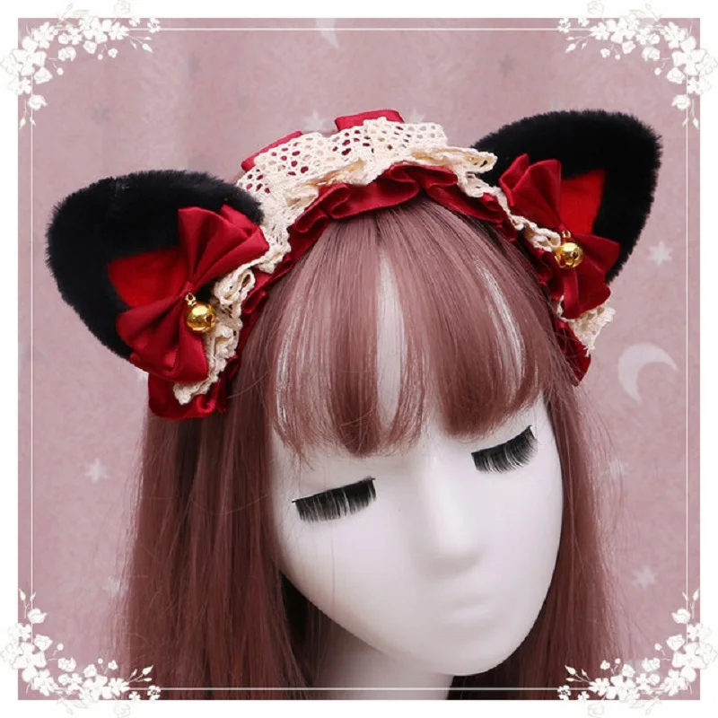 Girls Lolita Headband Furry Cat Ear Bow Tie Lace Ribbon Headdress Bowknot Hairpin Kawaii Cosplay Halloween Hair Accessories