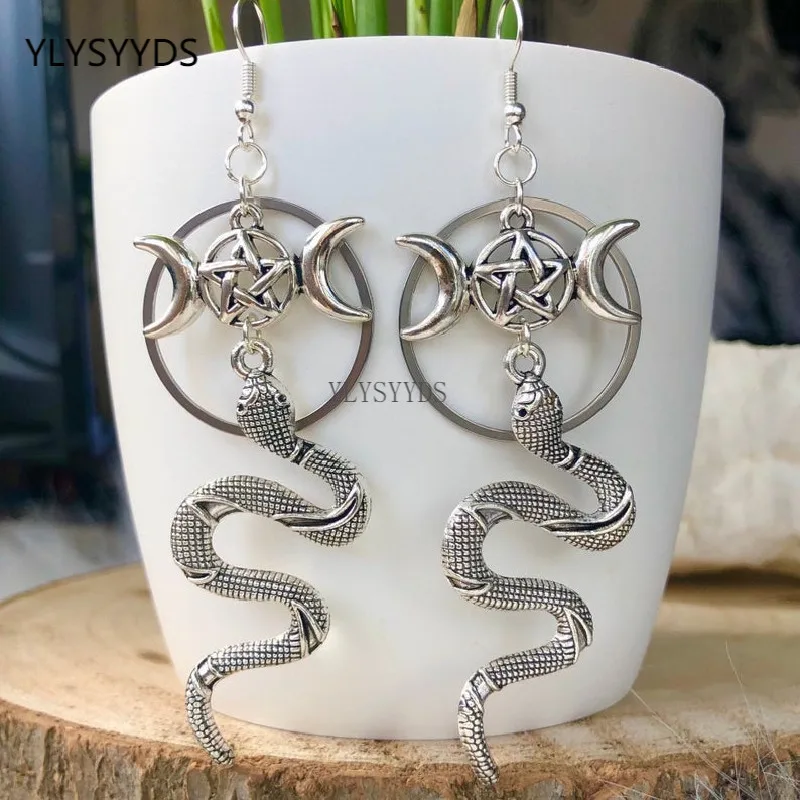 Snake Pentagram and Moon Handmade Witch Animal Earrings Goth Witch Jewelry Women Gift Gothic Grunge Crescent Statement Rock Punk