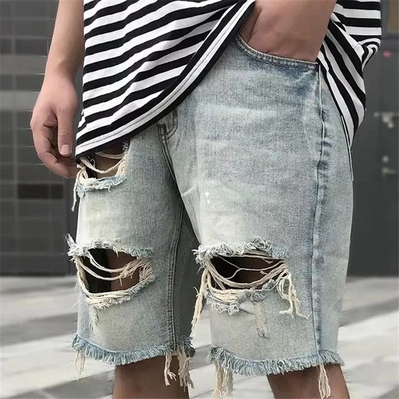 Idopy Mens Summer Retro Denim Shorts Male Ripped Street Style Vintage Hip Hop Hipster Big Hole Biker Jeans